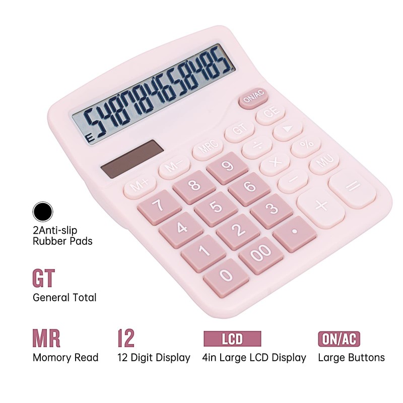 DANRONG Cute Pink Desktop Calculator with Big Buttons, Dual Power