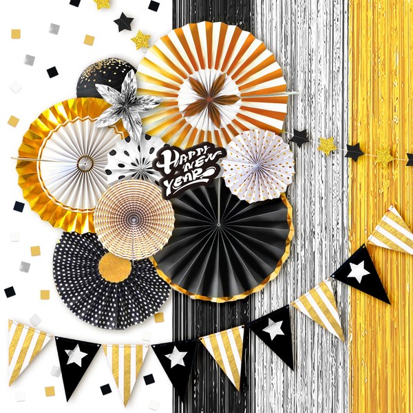 New Years Eve Party Decorations 2024,White Gold Party Decor with Paper Fans,Hanging Tinsel Fringe Curtain,Happy New Year Sticker,Star Paper Garland for Holiday,Home,Yard,Garden,Door,Photo Backdrops