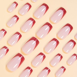 24Pcs Red French Press on Nails Short Square Nail Tips Fall Fake Nails Press ons with Glitter Design Acrylic Nail Kit Full Cover Nude False Nails Glossy Glue on Nails for Ma'am