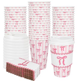 FYSUIMU 50 Sets Pink Bow Coffee Cups with Lids and Sleeves 16oz Striped Bowknot Paper Cups Disposable To Go Coffee Cups for Wedding Baby Shower Bachelorette Party