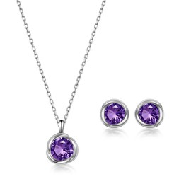 immobird Women's Jewellery Sets, Necklace and Earrings Set, 925 Sterling Silver Women's Necklaces with Zirconia, Women's Silver Earrings, Women's Silver/Rose Gold Jewellery (Amethyst), Purple