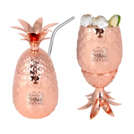 Vastigo Stainless Steel Pineapple Cup with Straw & Lid- 14oz Copper Plated Metal Pineapple, Bar Accessories for Summer, Cocktail Cups Gifts (Happy birthday)