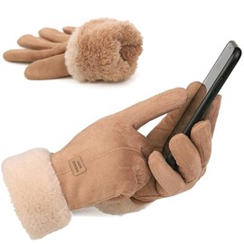 Zeltauto Women's Touch Screen Gloves Full Finger Plush Lining, Khaki, M