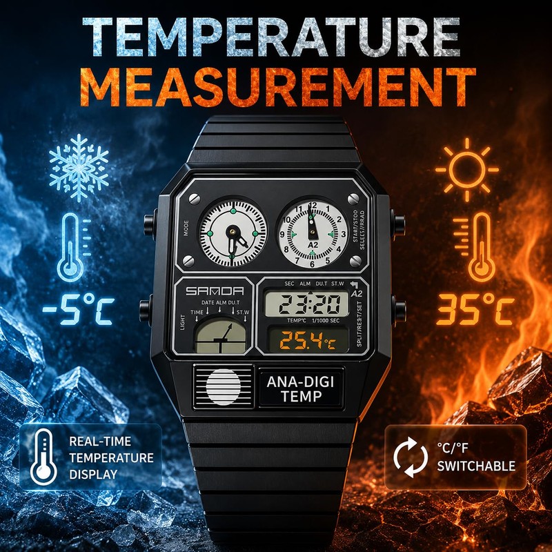 MASTOP Retro Square Digital Watch with Temperature Display Unisex 7.5Inch