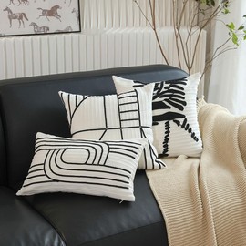 MOCOFO - Funda de almohada de algodón blanco, diseño geométrico lineal decorativo (círculo, 12 x 20 pulgadas)