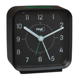 TFA Dostmann 60.1044 Non-Ticking Analogue Alarm Clock with Sweep Movement Alarm Easy to Read for Bedside Table Modern Includes Light with Snooze Function Black/Green