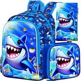 FTJCF 16" Shark Backpack for Boys, 3Pcs Kids Bookbag with Lunch Box, School Backpacks for Elementary Preschool Kindergarten (Blue)