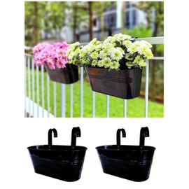 Maxona Metal Iron Hanging Flower Pots, 2 Pack, 11.8 Inch Oval Black Railing Fence Hanging Bucket Pots Countryside Style Window Flower Plant Holder with Detachable Hooks Home Décor