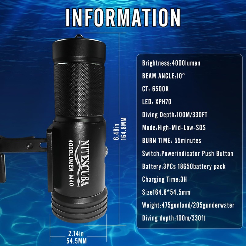 Nitescuba Scuba Diving Flashlights 4000 Lumen IP68 Waterproof Underwater Light