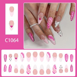 24Pcs French Tip Press on Nails Medium Almond Fake Nails with 3D Pearl Heart Rhinestones Design Irregular Pink White Gradient False Nails Glossy Glue on Nails Y2K Style Stick on Nails for Women Girls