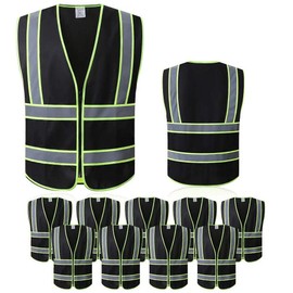 Tekware Safety Vest with High Reflective Strips, Pack of 10 Bright Neon Color Construction Protector with Zipper (XX-Large, Black-10PC)