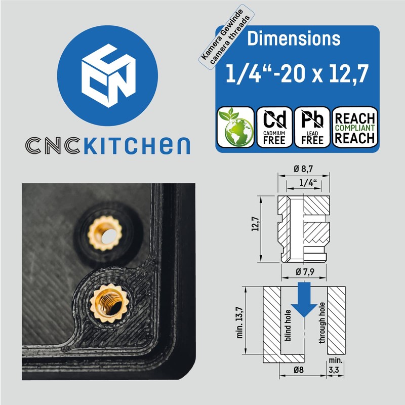 CNC Kitchen Original Thread Insert, 1/4 Inch - 20 x