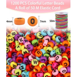 ZesNice Alphabet Beads, 1200 Colorful Letter Beads with 50 Meters Elastic Cord for Jewellery Making, Rainbow Threading Beads with Multicolor Beading Thread String, Bracelet Beads Letters