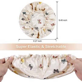 2 Pcs Satin Hair Bonnet for Sleeping | Elastic and Reusable Shower Hair Caps | Butterfly Printed Hat Shower Cap for Women, Bonnet for Curly Hair | Satin Silk Cap for Sleeping Women, (9.4”) Beige