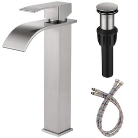 Vessel Sink Bathroom Faucet, JXMMP Brushed Nickel Single Hole Waterfall Sink Faucet with Supply Hose and Pop Up Drain, Tall Waterfall Faucet for Bathroom Sink, JXM1221BN