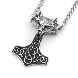 BAVIPOWER Wolf Head Viking Thor Mjolnir Hammer Necklace 4mm Keel Chain Stainless Steel Asatru Pagan Jewelry for Men Women