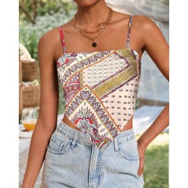Women's Boho Paisley Print Satin Bandana Top Hanky Hem Tie Back Adjustable Spaghetti Strap Cami Tube Tops