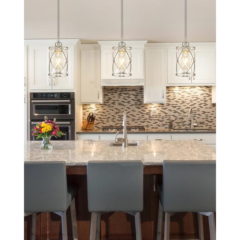 Osimir Brushed Nickel Pendant Lights Kitchen Island 3 Pack, Glass