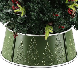MINHOU-MINFEI Metal Christmas Tree Collar, 26 in Round Christmas Tree Base Collar for Artificial Tree Decorations (Green Tree Style)