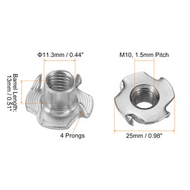 sourcing map M10x13mm T-Nuts 4 Pronged Tee Nut 304 Stainless Steel Threaded Inserts for for Wood, Rock Climbing Holds, Cabinetry, Furniture 25pcs