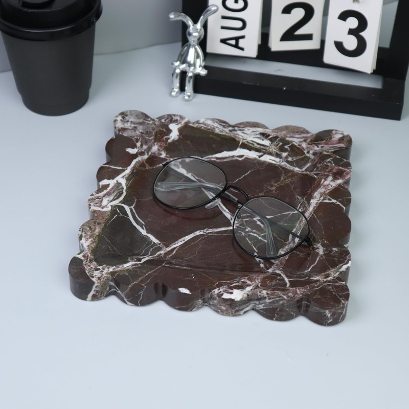 Kesoniku Square Marble Decorative Tray with Scalloped Edge, Luxury Natural