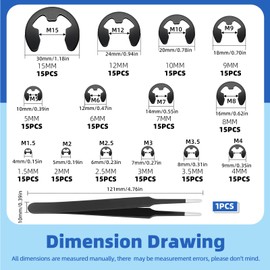 Glarks 211pcs 65MN-Steel E-Clips Retaining Rings Assortment Set 14 Sizes E-Ring Circlip Rings Heat Treated External Retaining Clips E-Clips Retainer Circlip Rings with Tweezers for Gears