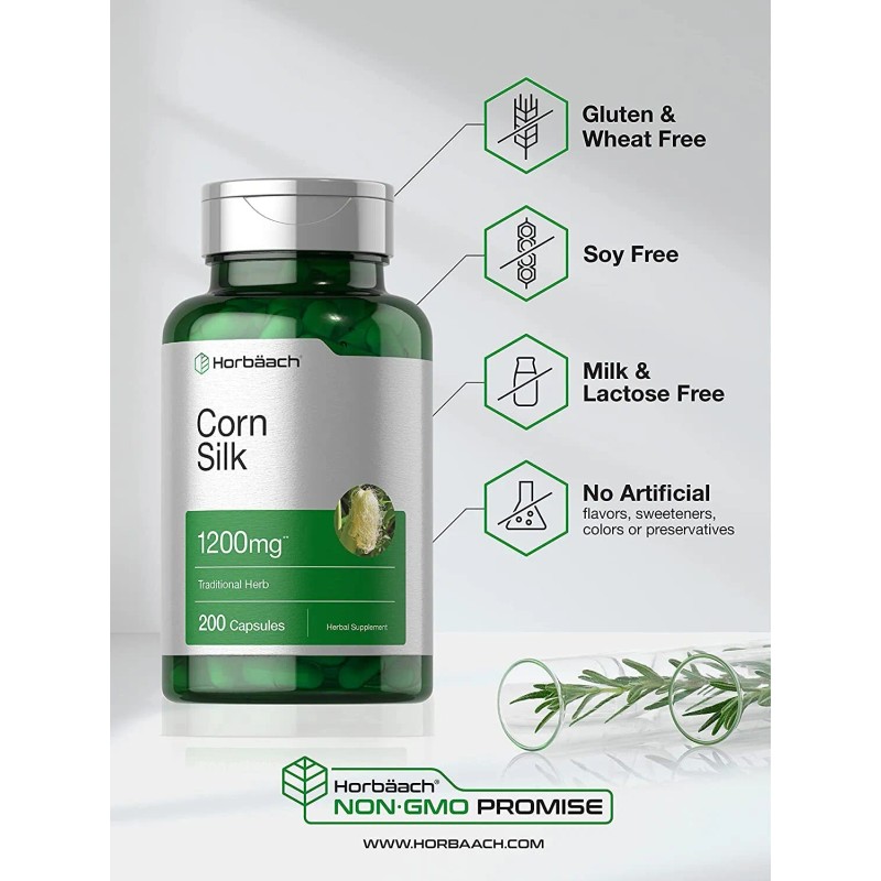 Horbäach Corn Silk Capsules 1200mg | 200 Pills | Non-GMO,