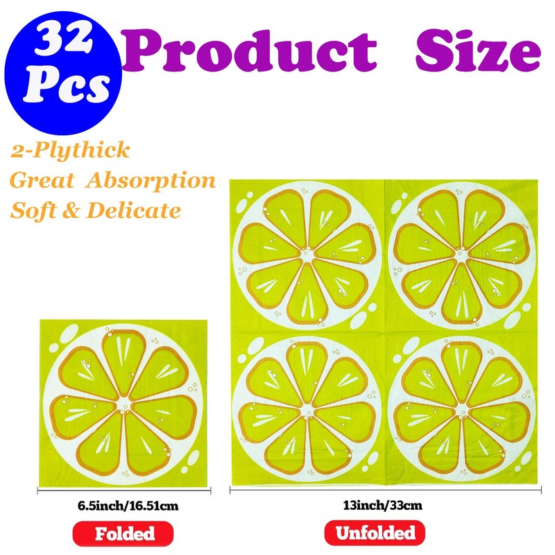 32Pcs Lemon Disposable Paper Dessert Napkins, 6.5in