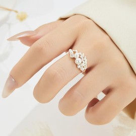 Kokoma Pearl Wheat Statement Ring for Women, Silver Plated Adjustable Open Band Crystal Leaf Promise Stacking Engagement Rings Band Wedding Jewelry