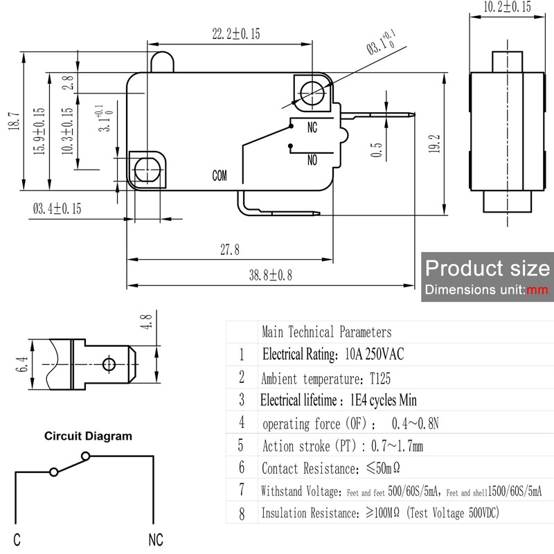3-Pack HK-14 Micro Switch - 20A 250VAC SPST Pin Plunger