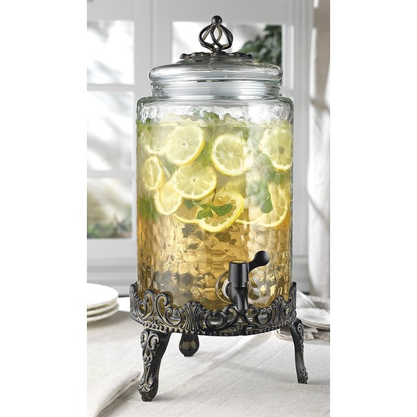 Elegant Home Hammered Glass Ice Cold Beverage Drink Dispenser - 2.7 Gallon, With Glass Lid and Antique Metal Stand, 100% Leak Proof Spigot- Wide Mouth Easy Filling For Outdoor, Parties & Daily Use