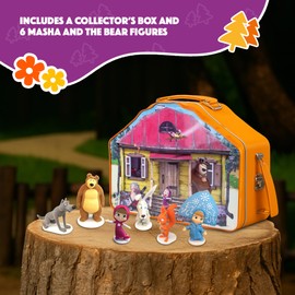 LUPPA Masha and The Bear Playset House, Top Notch Premium 6-Velvety Figurine Set in Tin-Lunchbox Easy to Carry & Store, Collectors' Delight