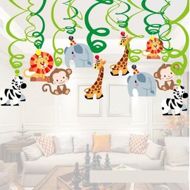 YJZQ 30 Pack Kids' Party Hanging Swirl Animals Decoration Happy Birthday Party Banners for Boys Girls Kindergarten Nursary School Party Supplies Jungle Theme