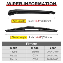 ACONTauto Rear Wiper Arm Blade Set - Replacement for 2004-2010 Toyota Sienna, 2007-2020 Mazda CX9, 2007-2012 Mazda CX7 - Replacement OEM 85241AE010