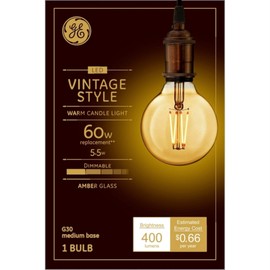 GE Lighting Vintage Style LED Globe Light Bulb, 5.5 Watts (60 Watt Equivalent) Warm Candle Light, Amber Glass, Medium Base, Dimmable (1 Pack)