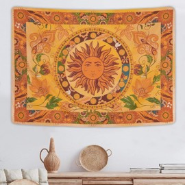 Yugarlibi Burning Sun Tapestry Spring Flowers Vintage Wall Hanging Orange Constellation Tapestry for Bedroom Living Room 210 x 150 cm