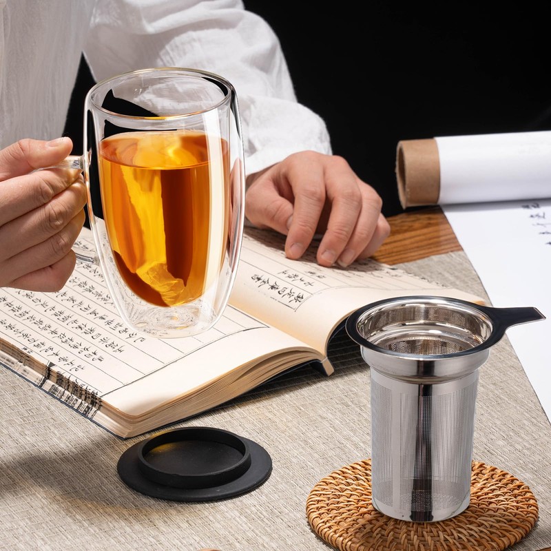 Baalaka Double Wall Glass Tea Cup With Stainless Steel Infuser