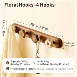 Kids Coat Rack Wall Mount, Walnut Wood Wall Hooks with 4 Flowers, Includes Mounting Screws, 14.96 Inch Heavy Duty Hanger for Clothes, Backpack, Towels, Nursery, Bedroom Decor (Walnut wood color)
