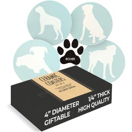 Boxer Lovers Ceramic Drink Coasters - Set of 4 Dog Coasters with Protective Cork Bottom and Metal Stand - Boxer Decor for Boxer Moms & Dads