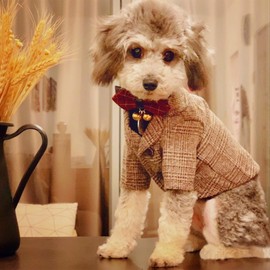 TQFlow Dog Clothes Pet Plaid Suit Dog Tuxedo Costumes, Formal Gentleman Apparel Vest, Wedding Party Birthday Wear French Bulldog Pug Teddy Terrier (S, Brown Coat)