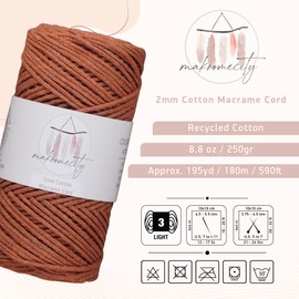 Makromecity, Cotton Macrame Yarn 2 mm x 180 m Brick Recycled Cotton for Crocheting Cotton Macrame Cord for Crafts Home Decorations Place Plate Shoulder Bag Crochet Bags Runner