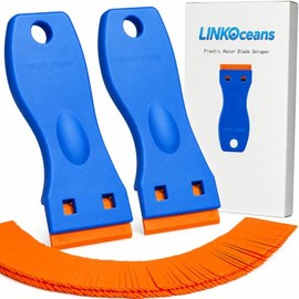 Rascador de cuchillas de afeitar de plástico, paquete de 2, 100 cuchillas, estuche de almacenamiento | Adhesive & sticker remover for glass, car windo
