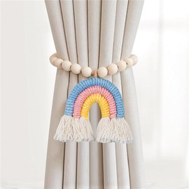 Herfair Vorhang Raffhalter Magnetische, 2 Stück Regenbogen Quasten Gardinenhalter mit Holzperle, Boho Gardinenclips Vorhangschnalle für Kinderzimmer Deko (Regenbogen-A)