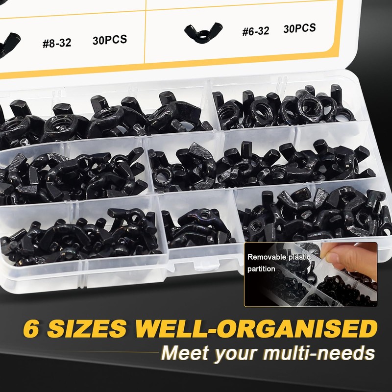 Siptenk Black SAE Wing Nuts 125PCS, #6-32#8-32#10-24 1/4"-20 3/8"-16 5/16"-18