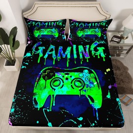 Erosebridal Gamer - Sábana bajera ajustable para niños, tamaño individual, juego de ropa de cama para niños, niñas, adolescentes, decoración de habitación de jugadores, consola de videojuegos, sábanas