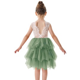 2Bunnies Girl Peony Lace Back A-Line Tiered Tutu Tulle Flower Girl Dress (Sage Sleeveless Short, 4T)