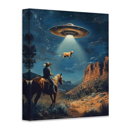 Western UFO Cattle Abduction:Surreal Cowboy Scene-28x36 Stretched Canvas Poster-Alien Abduction Space Cowboy Artwork, Desert UFO Print, Funny Alien Cow Art, Sci-Fi Western Wall Art Cosmic Desert Print
