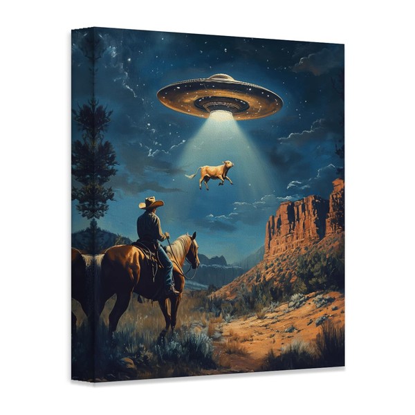 Western UFO Cattle Abduction:Surreal Cowboy Scene-28x36 Stretched Canvas Poster-Alien Abduction