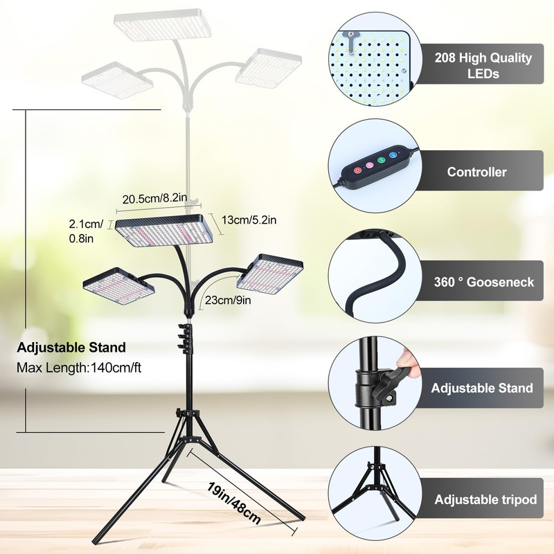 3Head 75W Standing Grow Lights for Indoor Tall Plants, Monstera