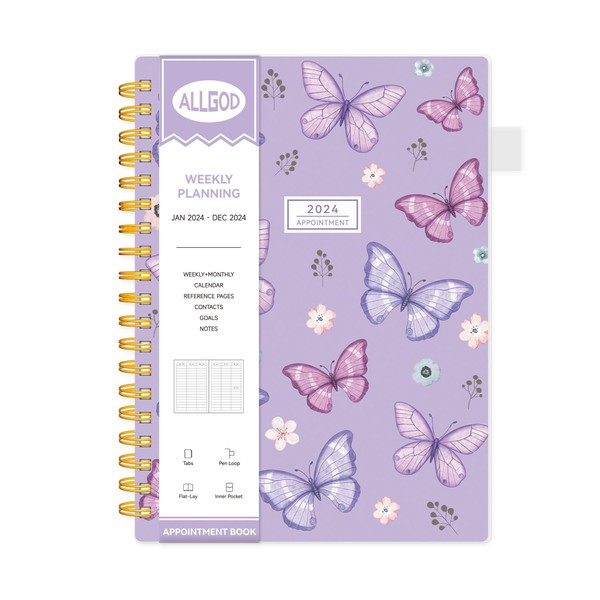 Allgod 2024 Appointment Book 15 Minute Interval Hourly Planner from Jan 2024-Dec 2024 with Calendar,8.5 x 11 Weekly & Monthly Planner with Spiral Bound, Monthly Tabs, Pocket(Purple Butterfly, A4)